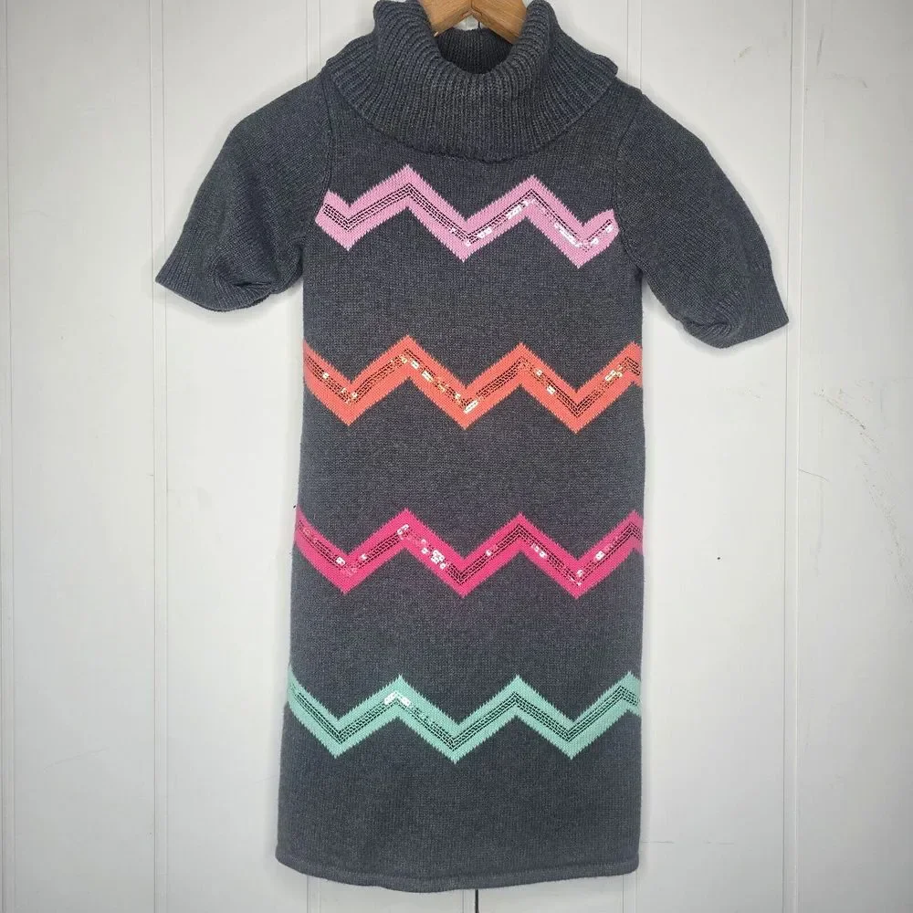 Gymboree Sweater Dress Kids 9 Gray Sequin Chevron Cowl Preppy Holiday Sparkle‎